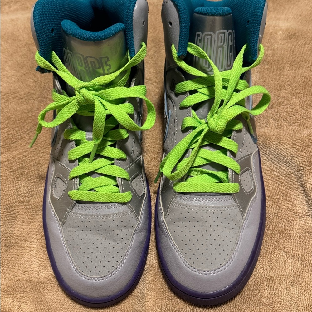 Nike Forces Gray Sneakers with Blue Interior and Green Laces